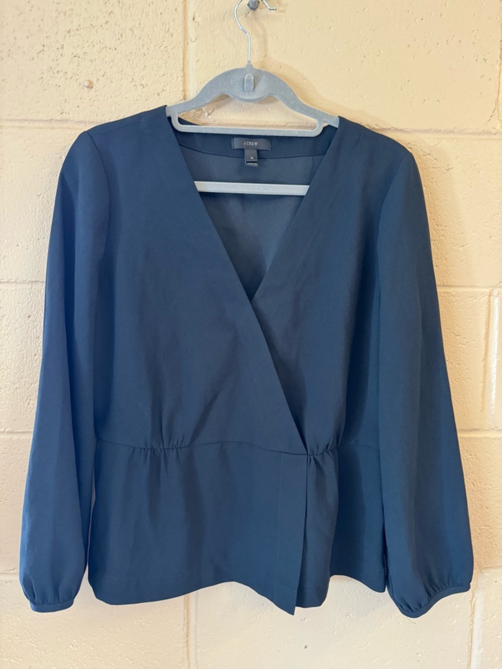 J. Crew Long Sleeve Faux Wrap Blouse in Black. Size 12 E27